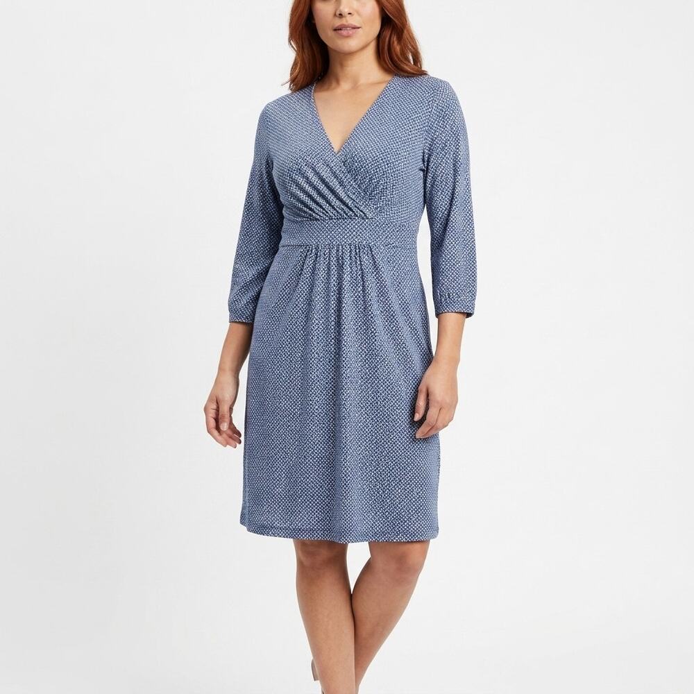 More & More Blue Wrap Dress Knee Length Knit Geometric Women Size 36